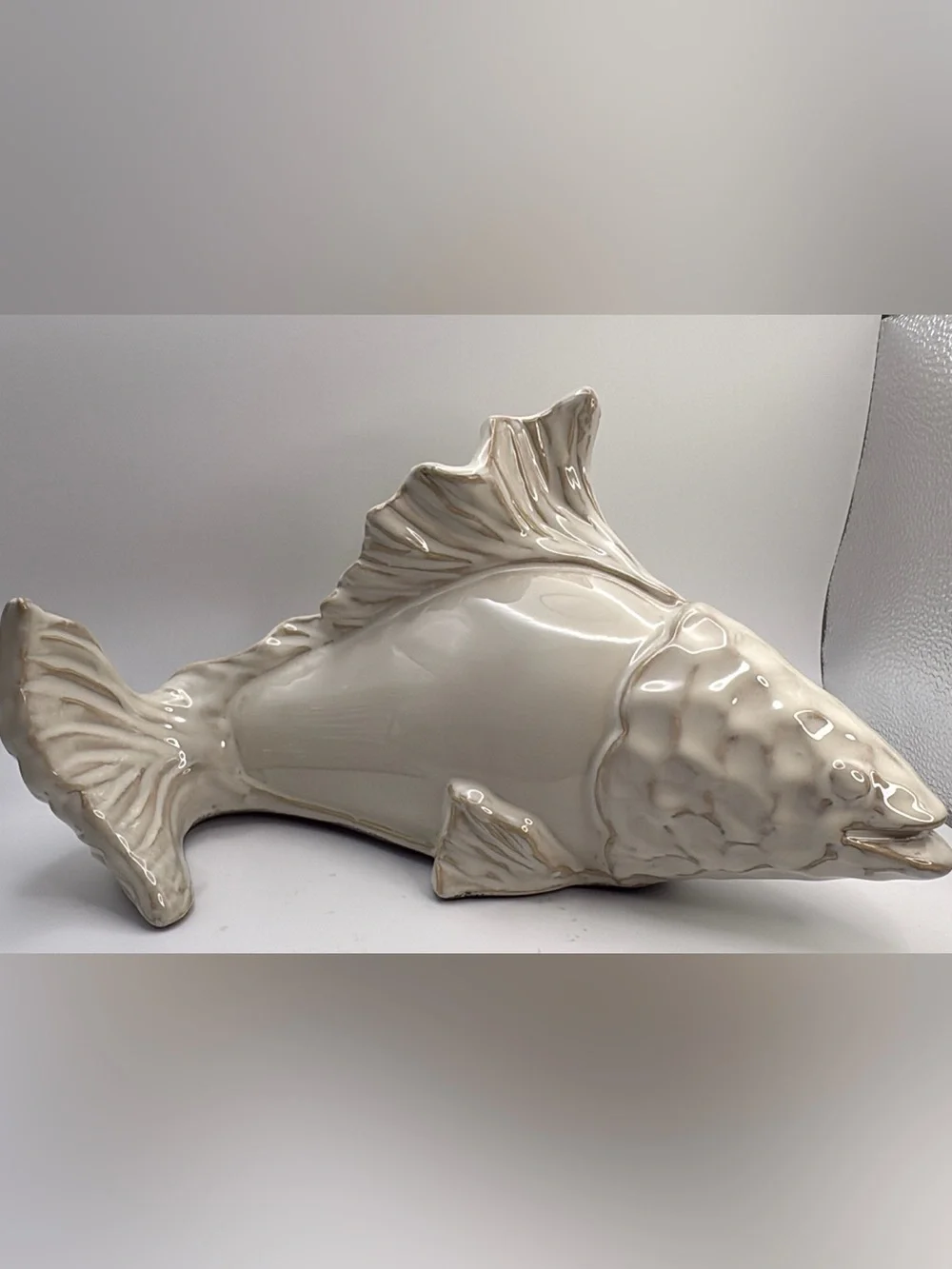 White Ceramic Glazed Fish Figurine Coastal Beach Nautical Home Decor Accent